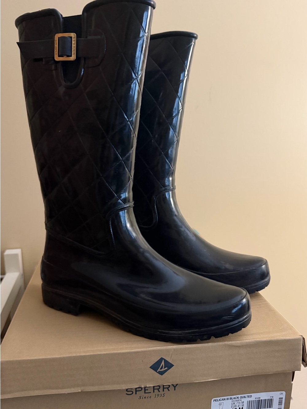 Sperry Black Quilted Tall Rain Boots with Gold Buckle